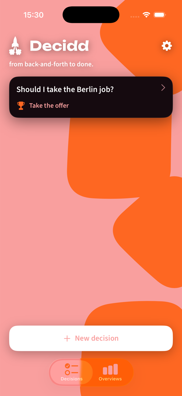 The Decidd home screen showing a saved decision and a New decision button